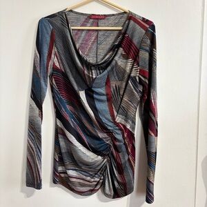 Draped Cowl Neck Top – Abstract Print 🌈